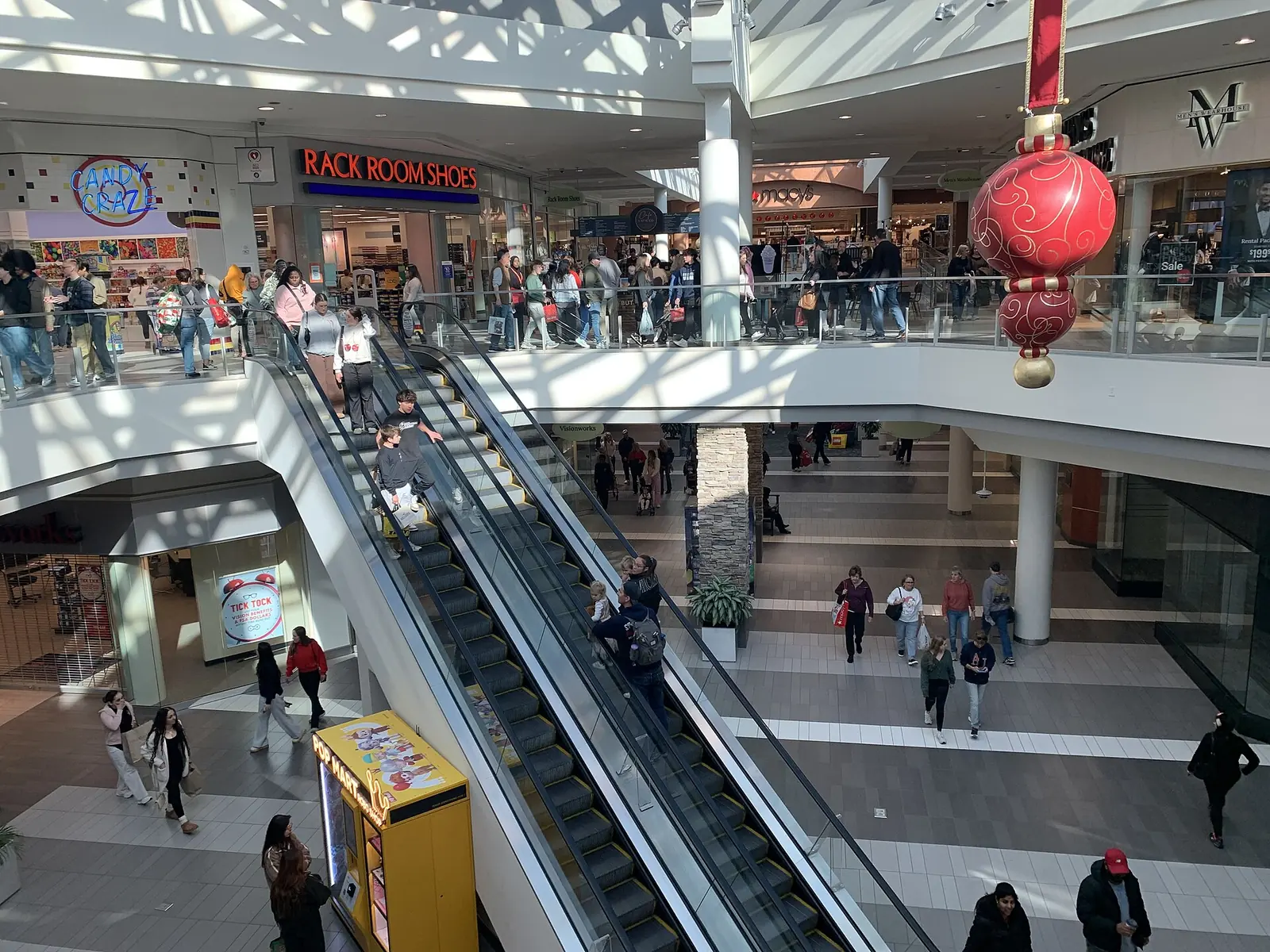 Holiday shoppers and a giant ornament in the center court of CoolSprings Galleria, just south of Brentwood