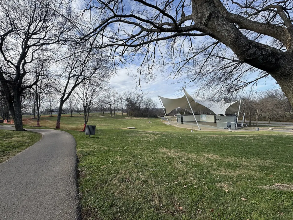 The Eddy Arnold Amphitheater and its lawn in Crockett Park, Brentwood, where BrentFest is held, seen from a park path