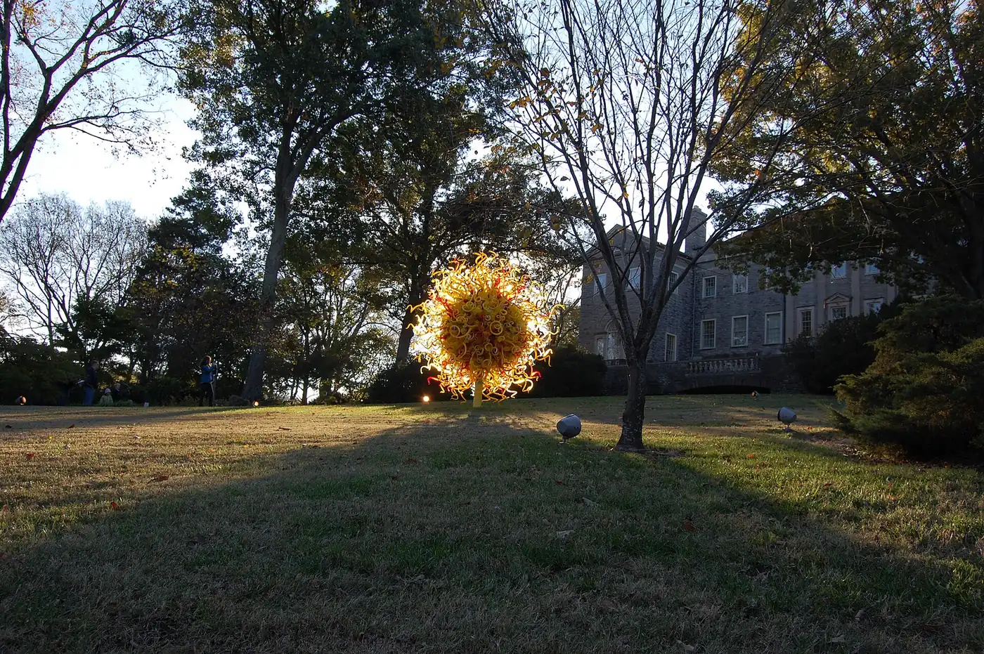 A glowing Dale Chihuly glass sculpture on the lawn below the Cheekwood mansion in Nashville, during a past exhibition