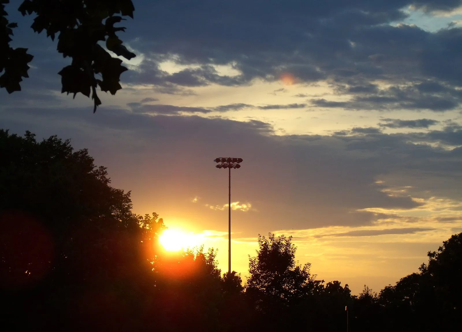 Sunset behind the ballfield lights at Crockett Park in Brentwood