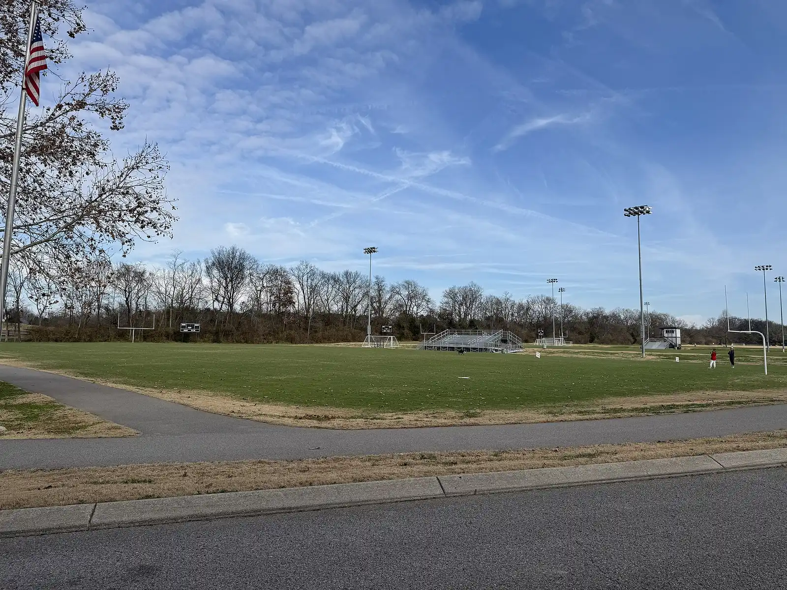 Goalposts, bleachers and a press box at the football fields in Crockett Park in Brentwood