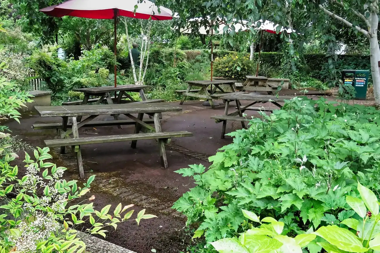 Picnic tables and umbrellas on a garden cafe patio in Enfield, England. The photo was not taken in Brentwood.